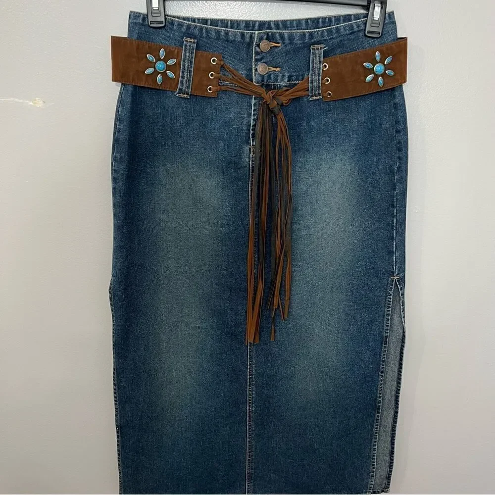 Vintage‎ Y2K Squeeze by Stephen Hardy side slit midi blue jean skirt - 9/10